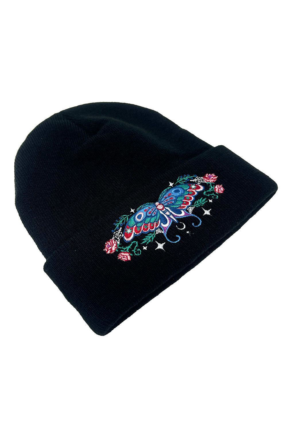 knitted dark cottagecore embroidered luna moth beanie  with stars and spiderwebs 
