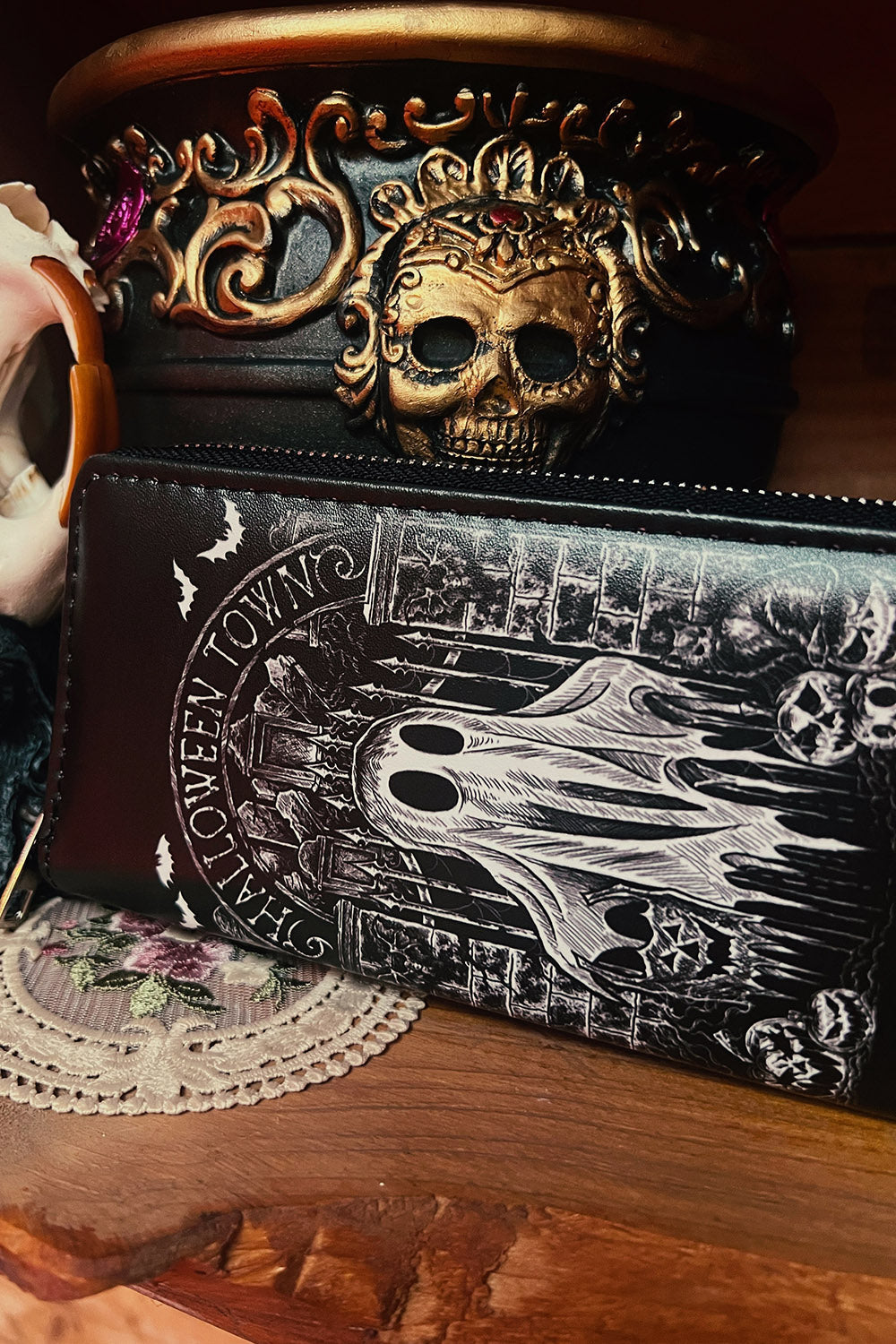 vegan leather zippered graveyard wallet