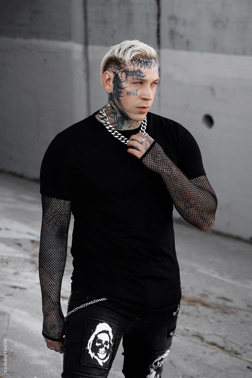 mens fishnet short sleeve layered top