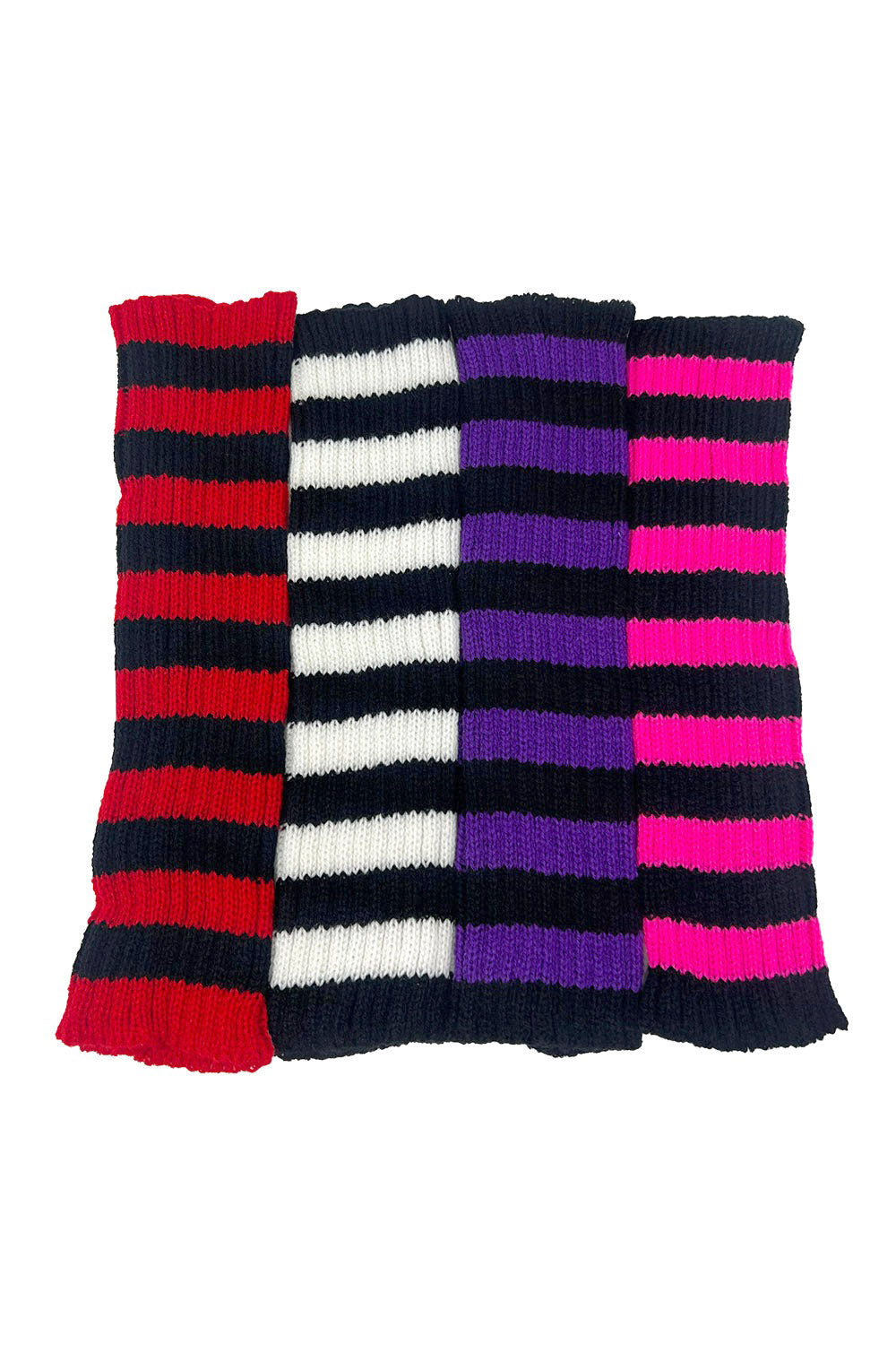 Colorful striped gloves in red, black, white, purple, and pink on a white background