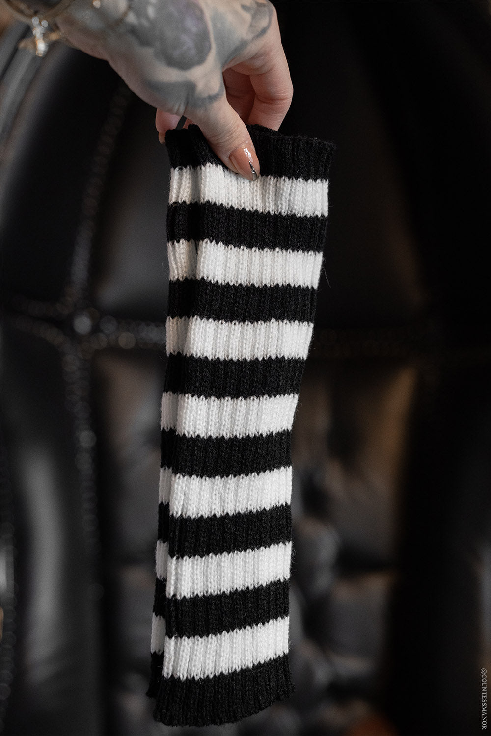 black and white knitted striped gloves
