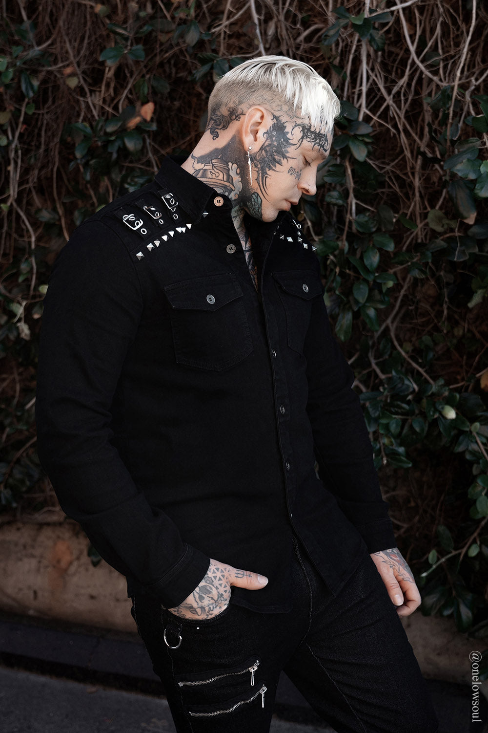 mens cargo pocket pyramid studded long sleeve punk button-down shirt