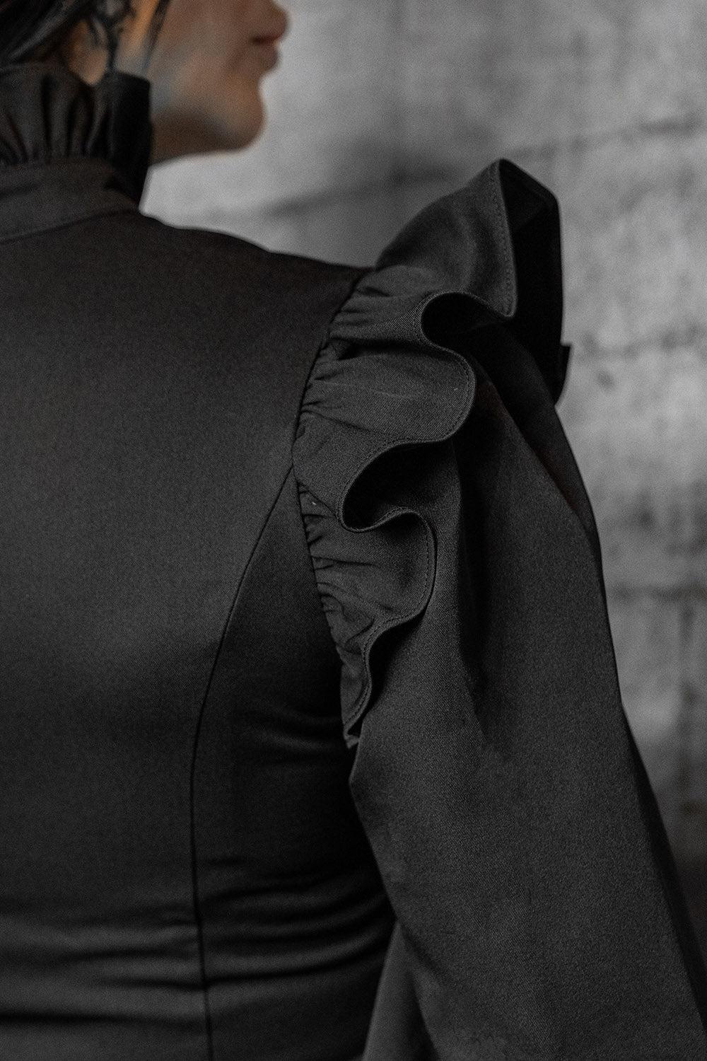 ruffled shoulder and high neck collar victorian top