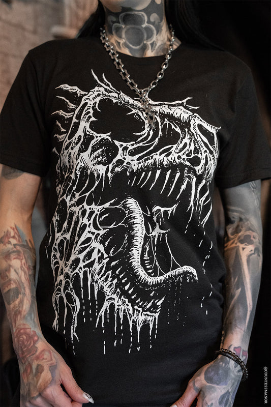 short sleeve black and white distressed t-rex skull tshirt by vampirefreaks