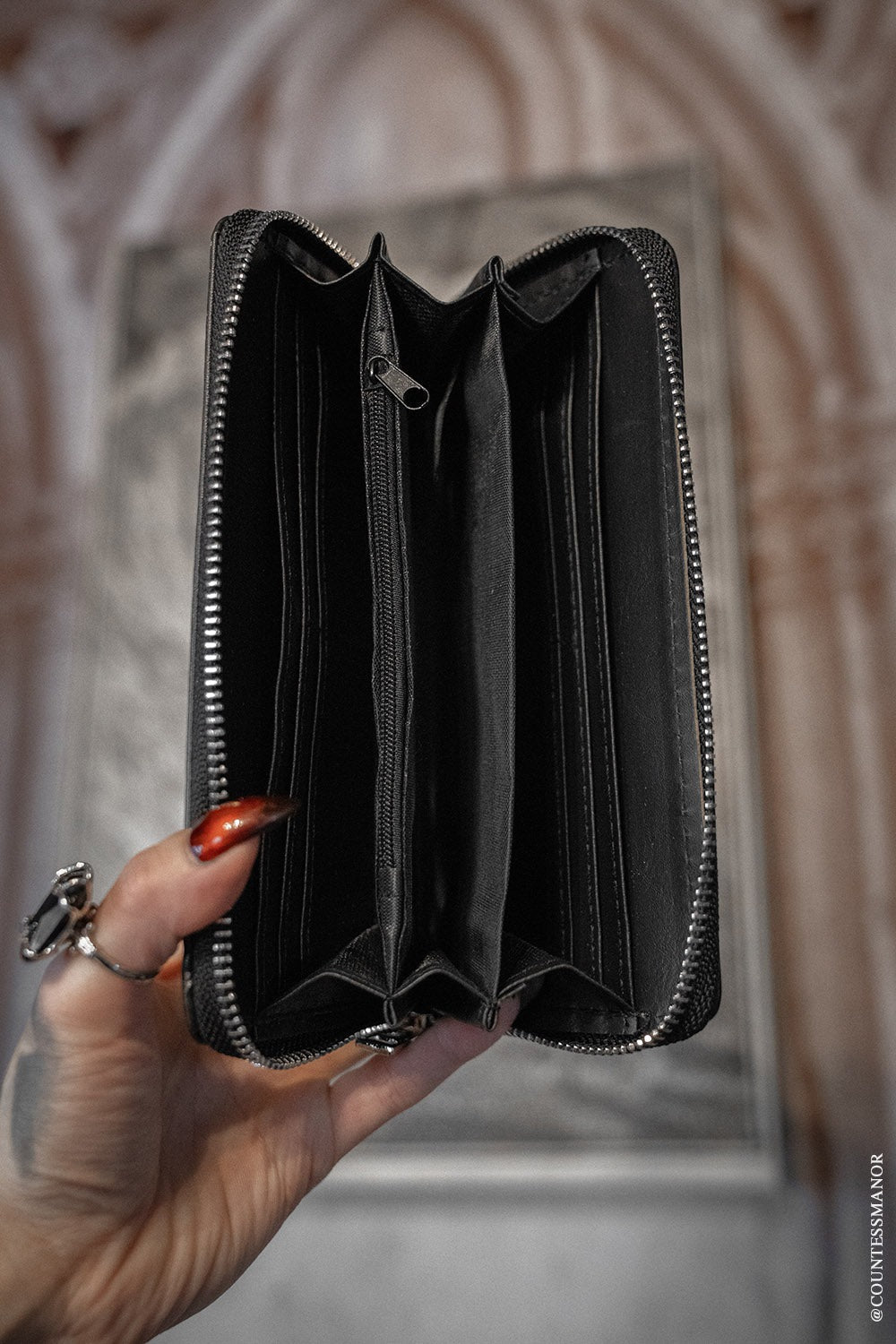 black and purple gothic bat wallet with zipper compartment 