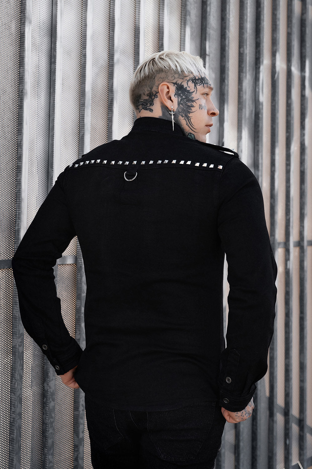 mens studded cotton black denim gothic shirt