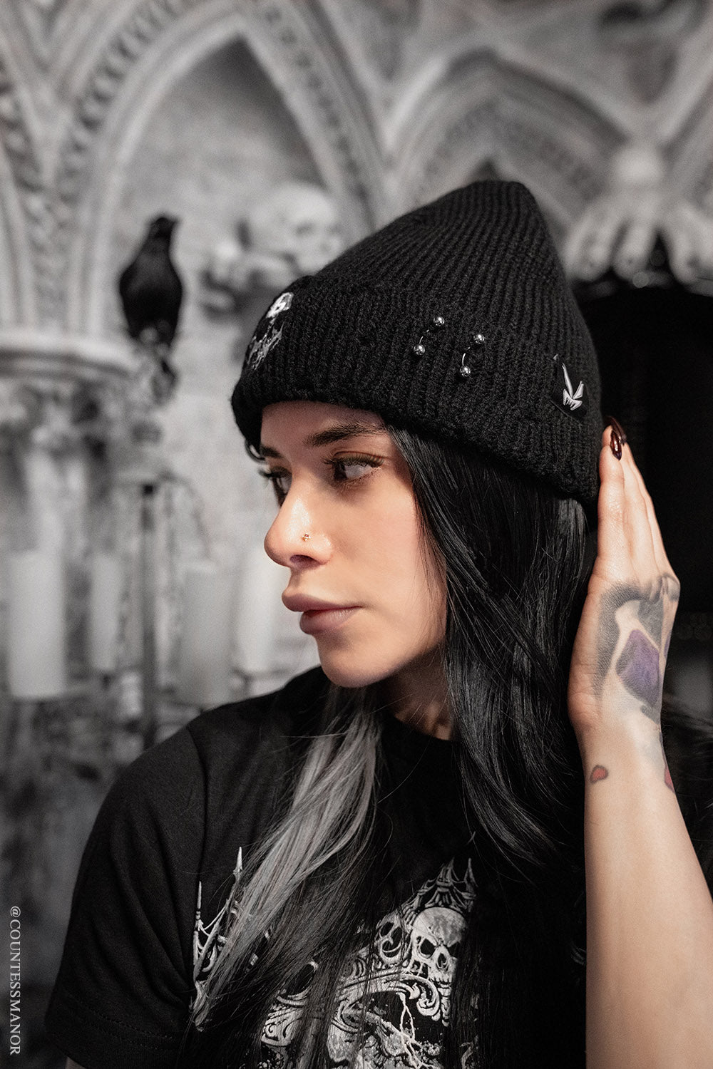 emo knitted beanie with piercings