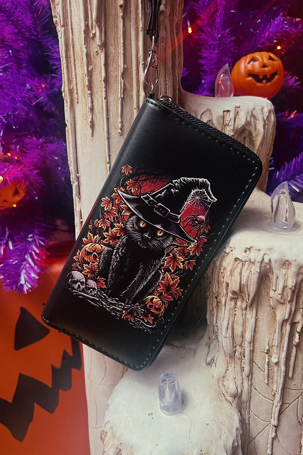 cat wearing witch hat wallet