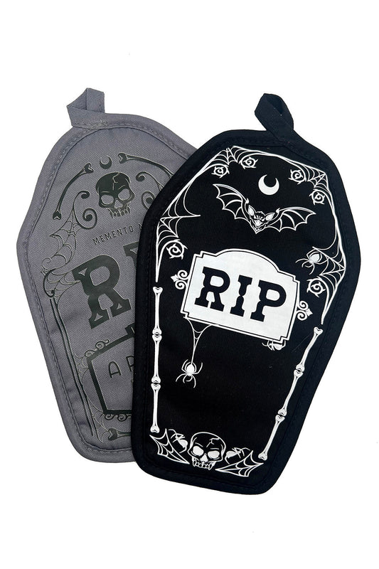 headstone and coffin shaped pot holder set