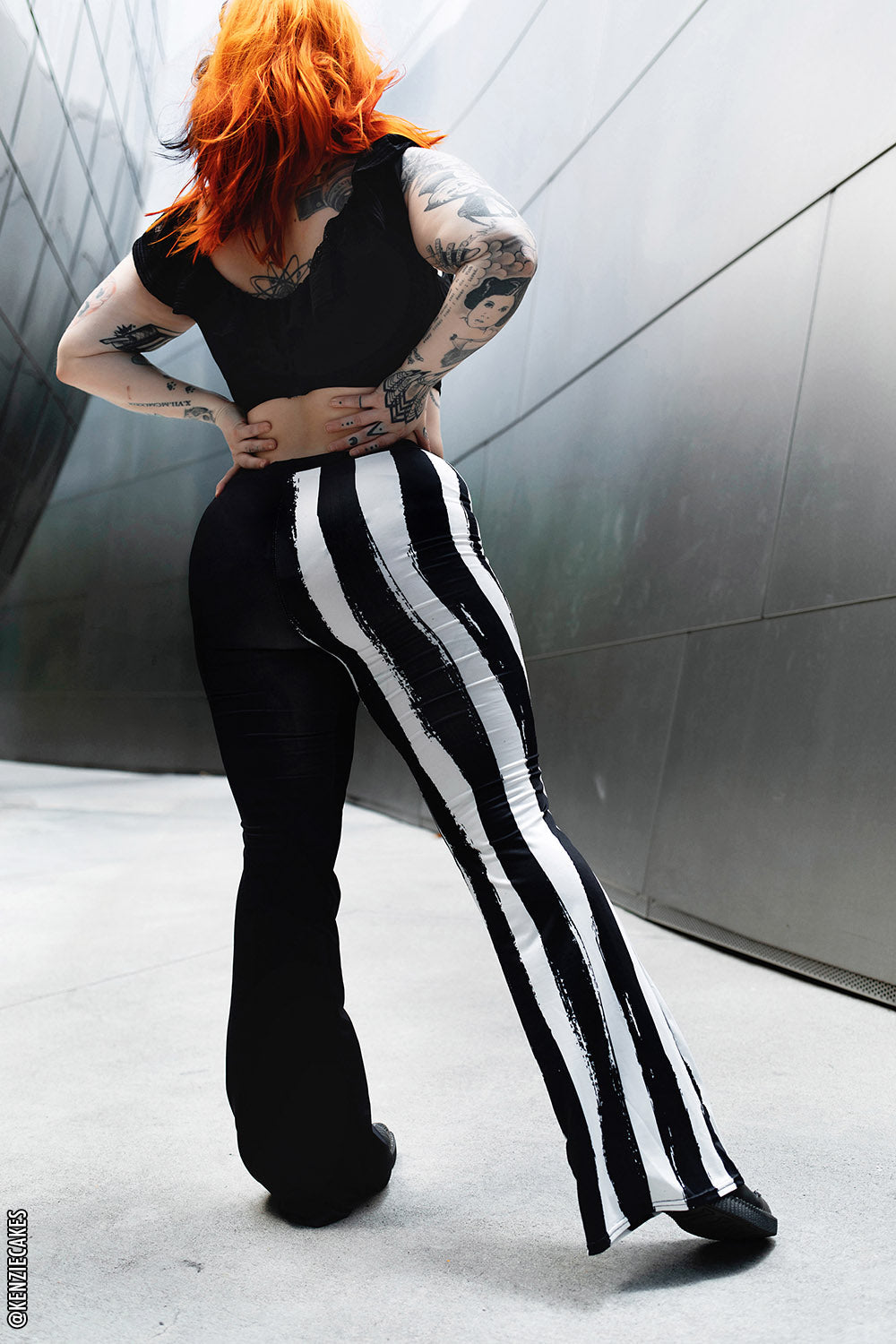 womens plus size black and white striped flared leggings with pockets by vampirefreaks