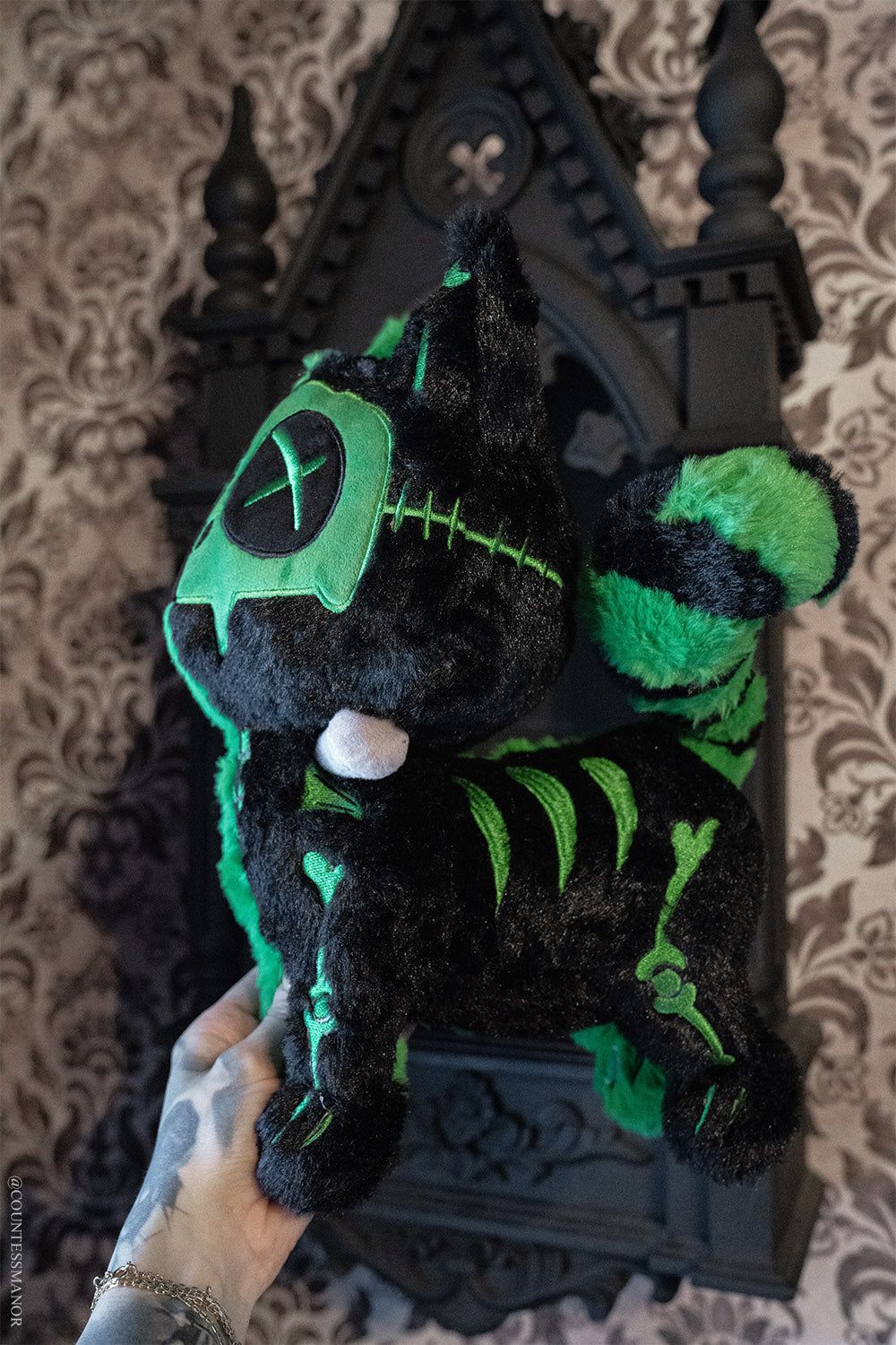 stitched monster green green and black frankenstein cat parody plush toy