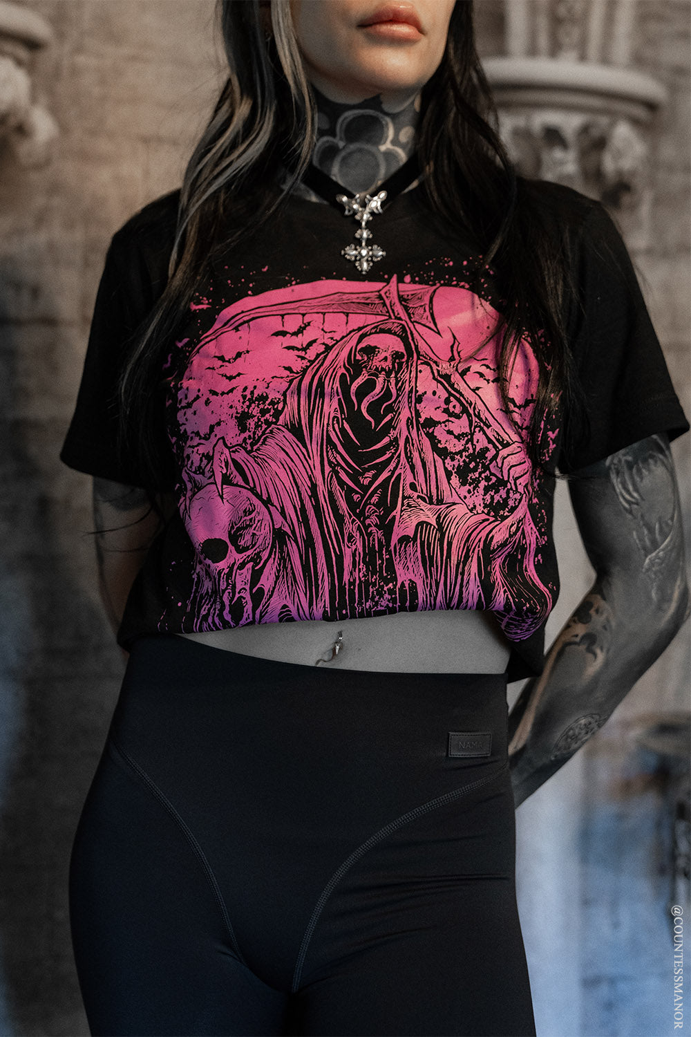 gothic crop top with grim reaper graphic 