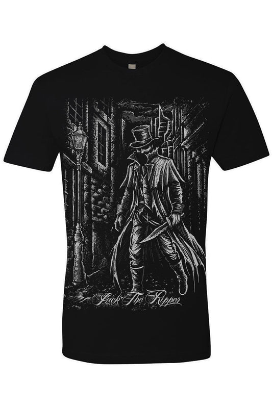Black t-shirt with a graphic design of a man in a top hat and coat, standing in a dark alleyway.
