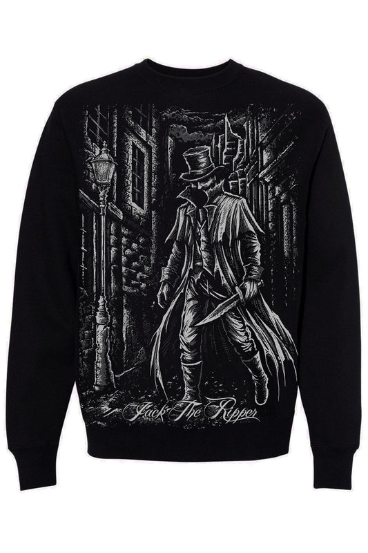 Black sweatshirt with a graphic of Jack the Ripper and gothic architecture on a white background
