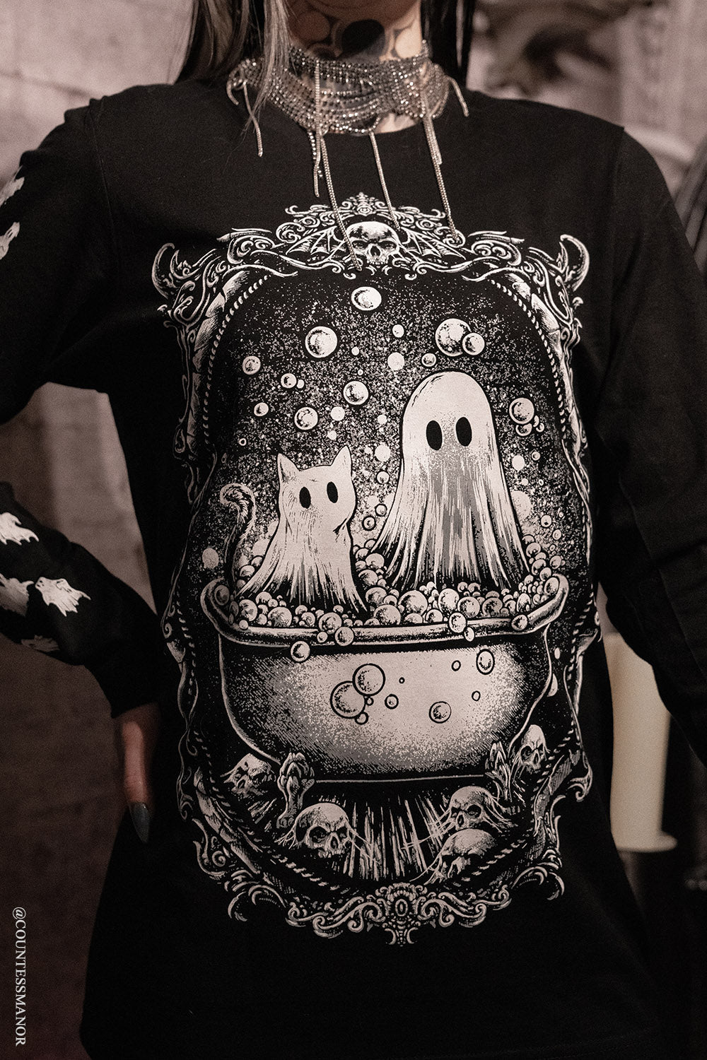 pastel goth ghost and cat graphic long sleeve shirt