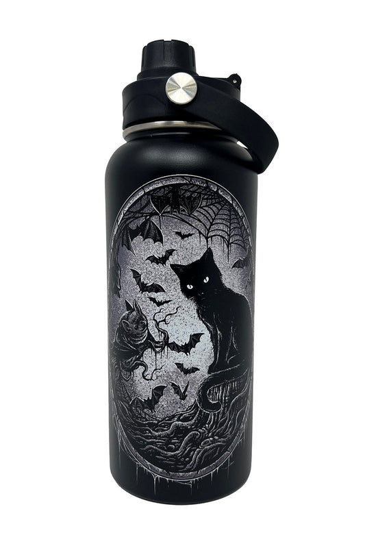 stainless steel black cat and bat water bottle