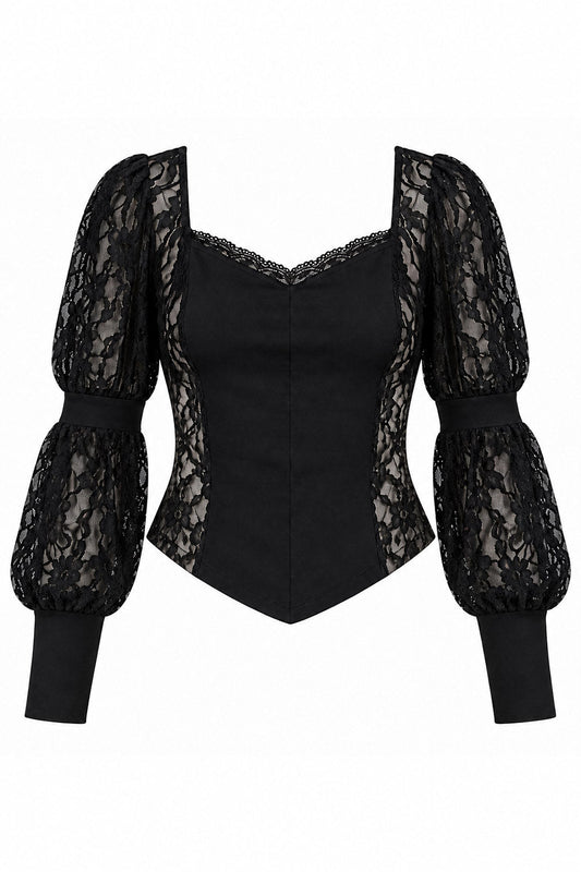 A black lace and satin corset-style top with dramatic puffed sleeves, shown on a plain white background.