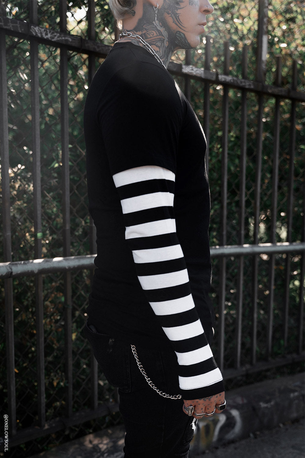 mens cotton emo black and white striped shirt with thumbholes 