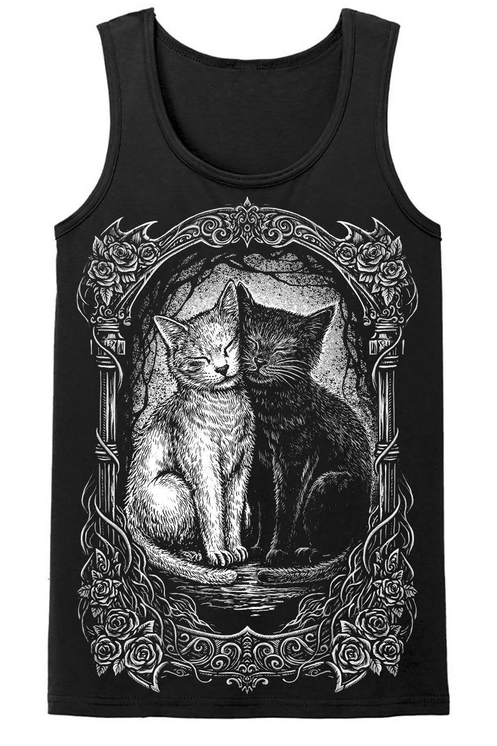 Black tank top with a graphic of two cats in a decorative frame on a white background