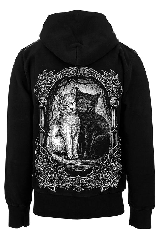 Black hoodie with a graphic of two cats in an ornate frame on the back, on a white background.