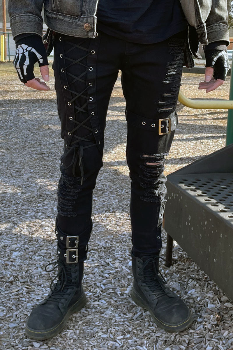 mens eyelet lace-up corset skinny punk pants