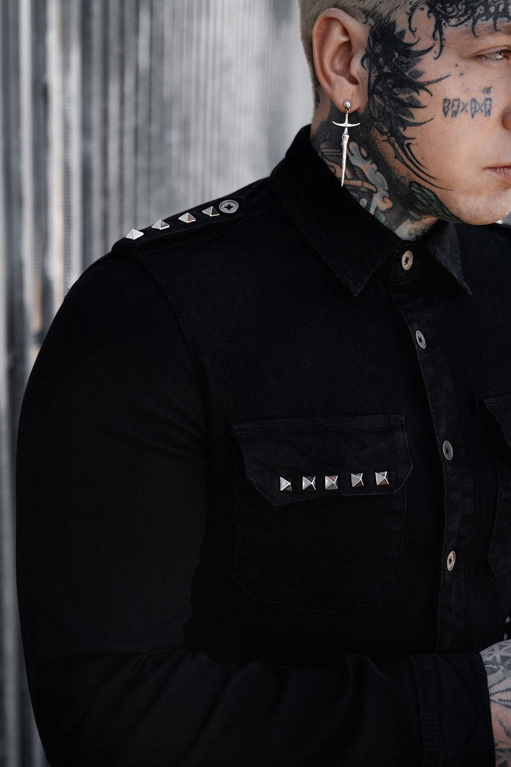 mens black denim gothic shirt with studded shoulder straps 