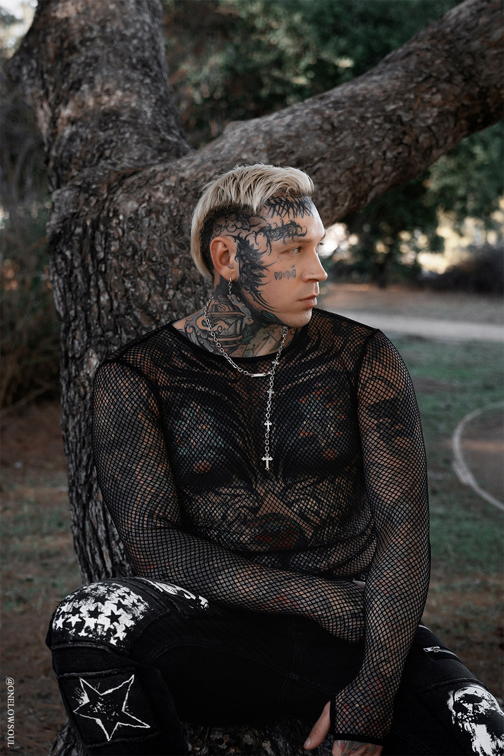 mens heavy metal black long sleeve fishnet shirt with thumbholes to wear under band t-shirts 