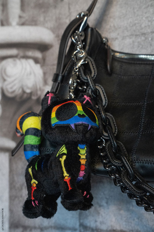 3d gothic rainbow skeleton kitty cat plush keychain
