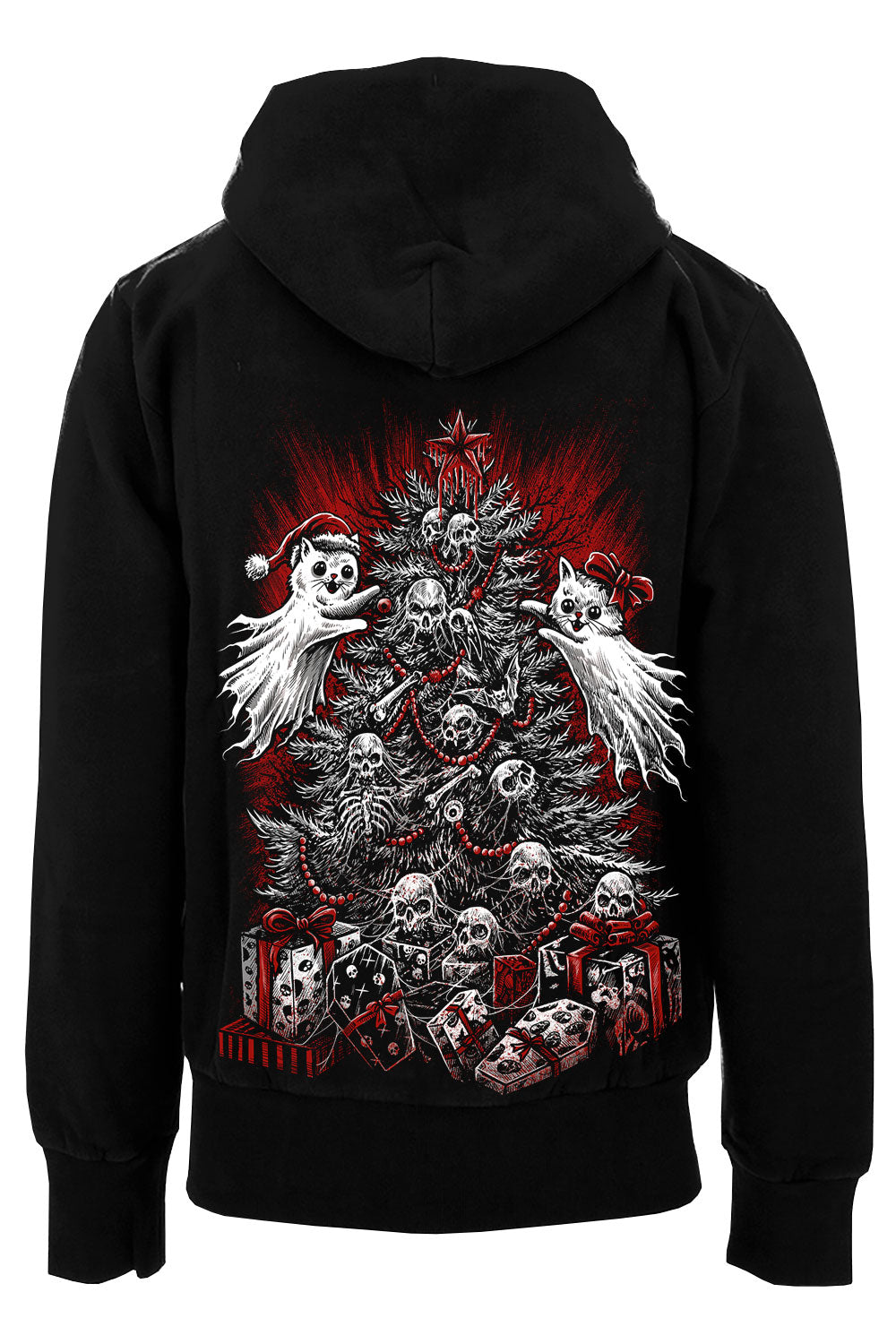 xmas cotton gothic hoodie with cats decorating a christmas tree