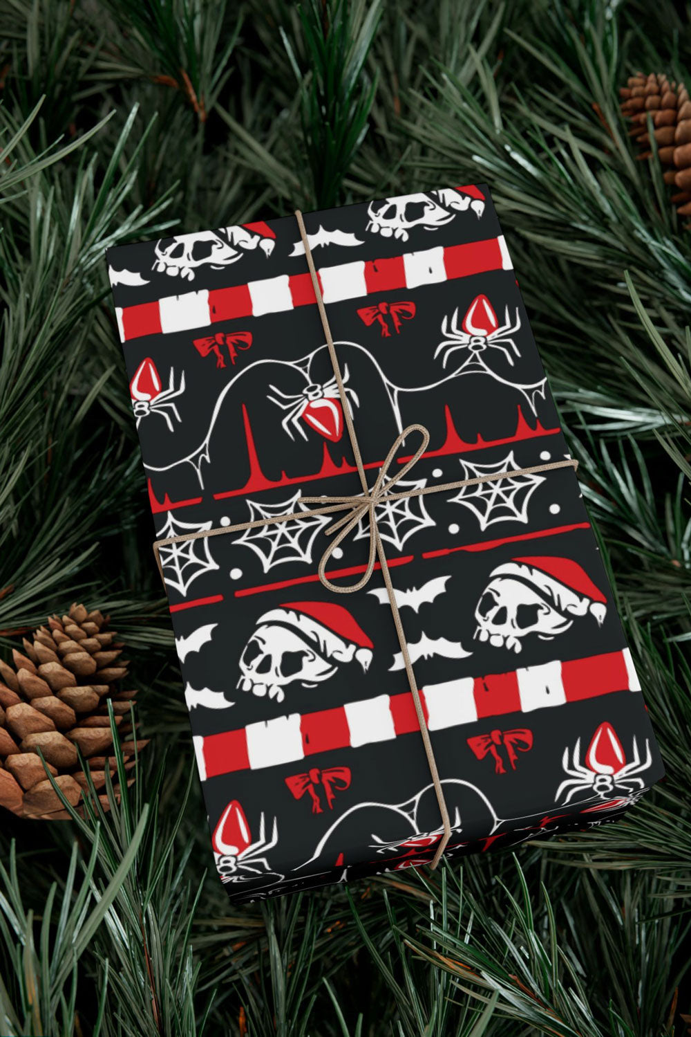 premium paper creepy skull, spider, goth santa hat, candy cane, bat, and web christmas wrapping paper roll