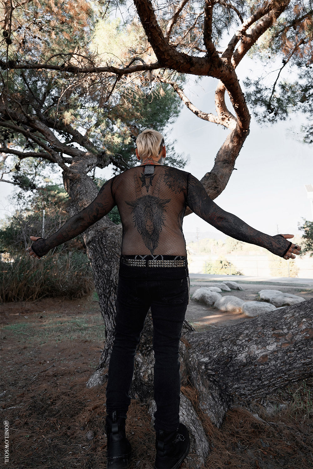 mens emo black long sleeve fishnet shirt with thumbholes 