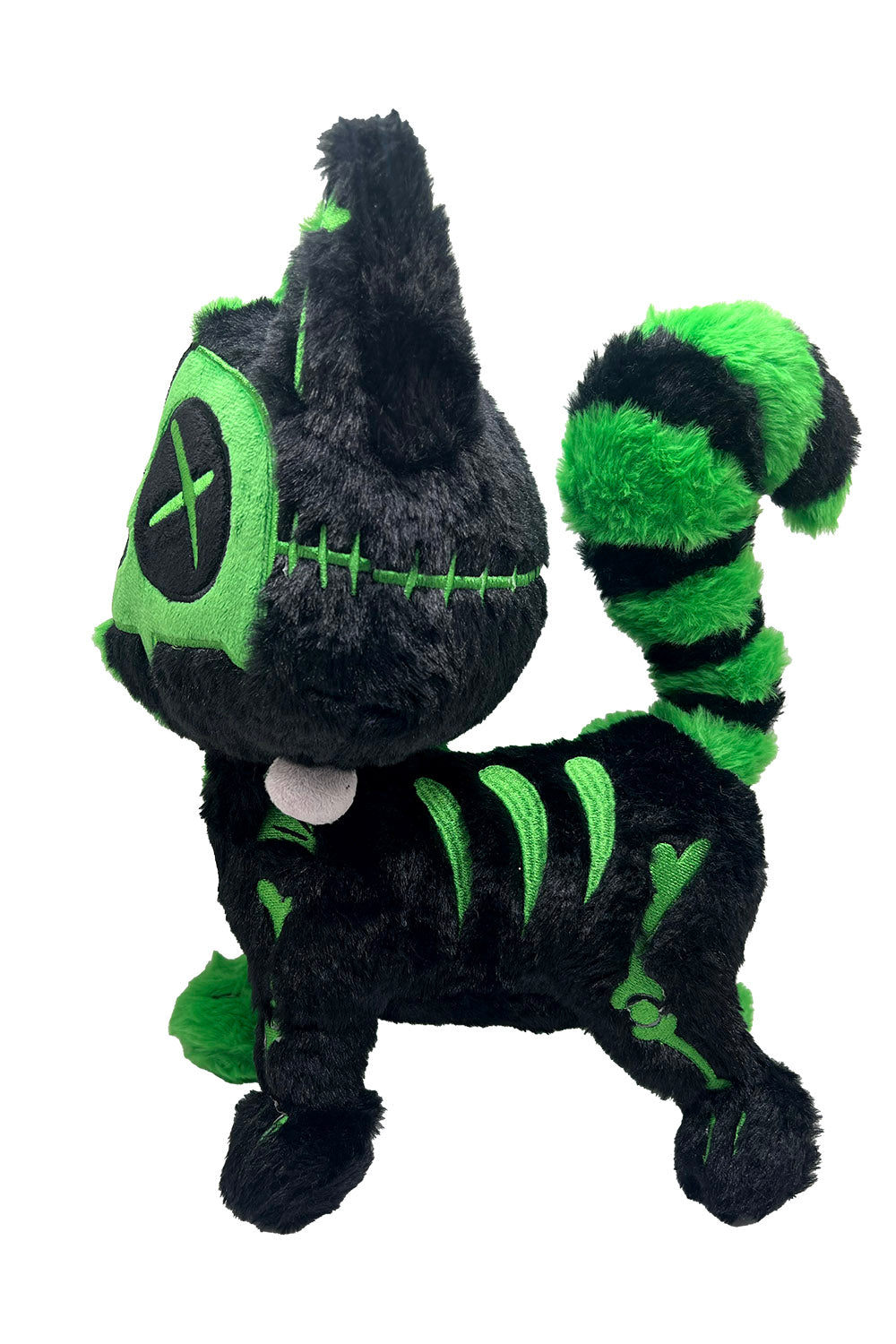 black and green frankenstein plushie cat toy with monster bolts 