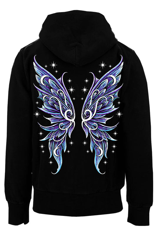Black hoodie with blue and purple fairy wings design on the back against a white background