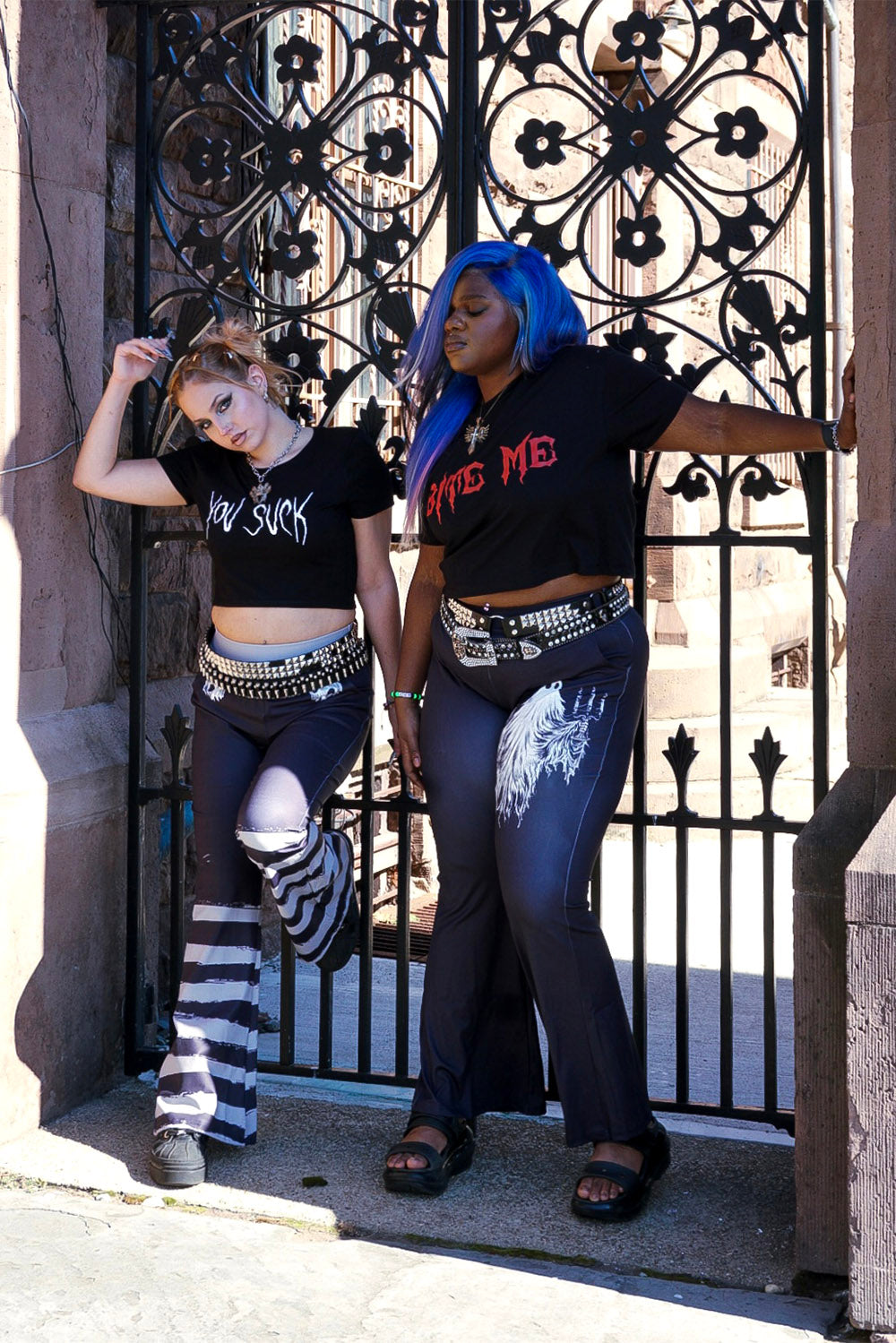 womens pastel goth stretchy black and grey striped flared legging with pockets