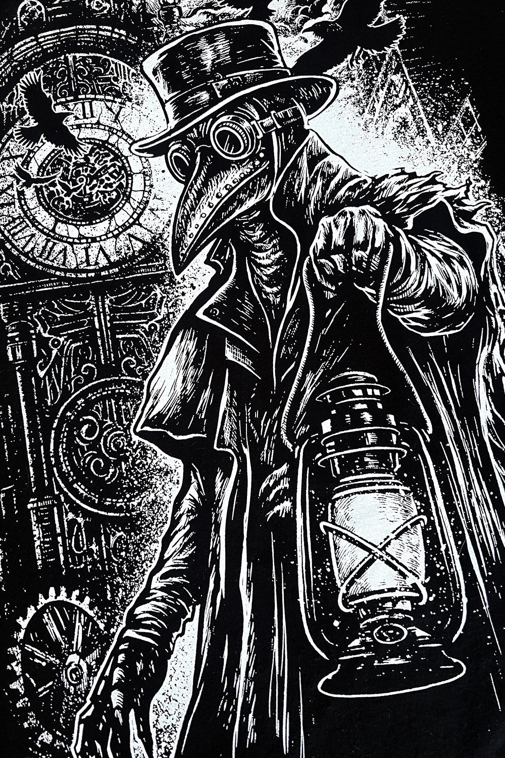Black and white hoodie of a plague doctor with a lantern against a dark background with clock and gears.