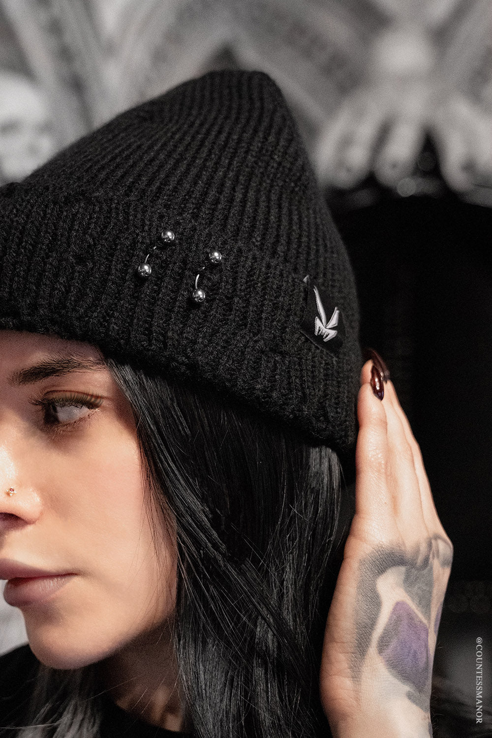 grunge gothic ribbed skull cap beanie with piercings