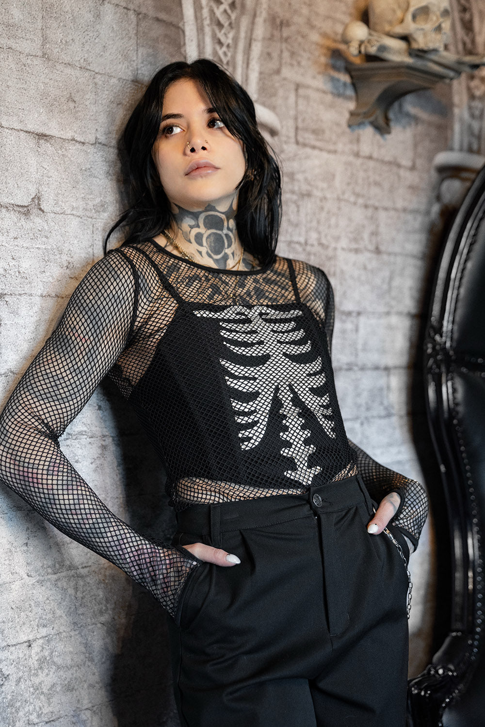 womens black punk fishnet top with thumbholes 