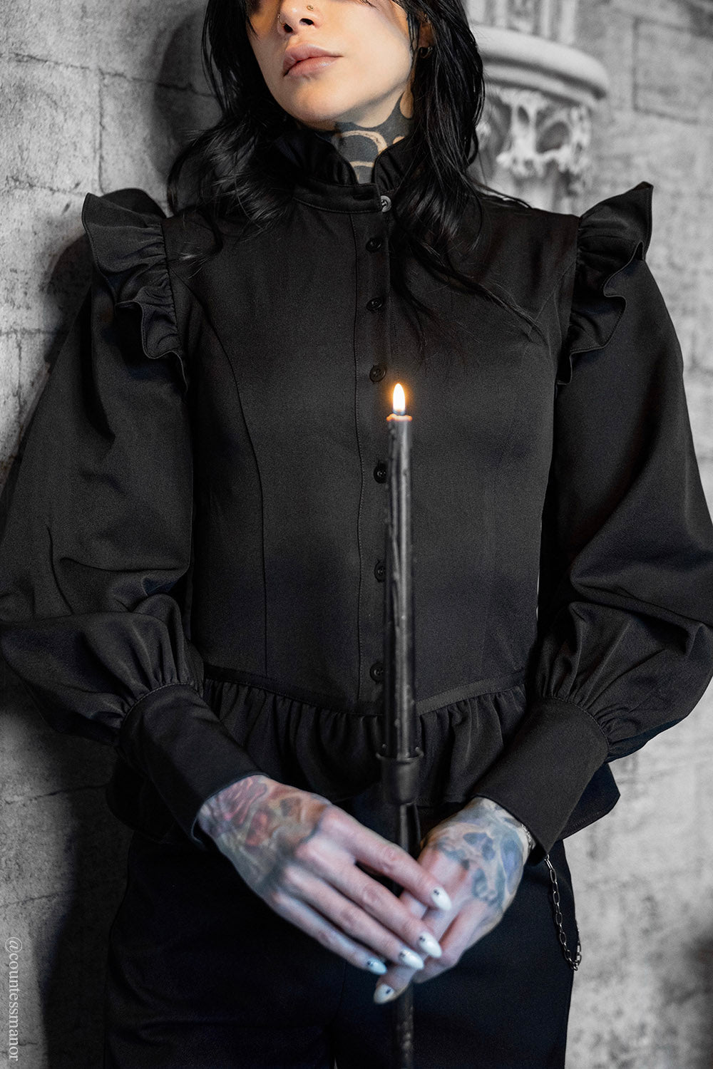 womens vintage goth black ruffled shoulder and high neck collar victorian long sleeve blouse