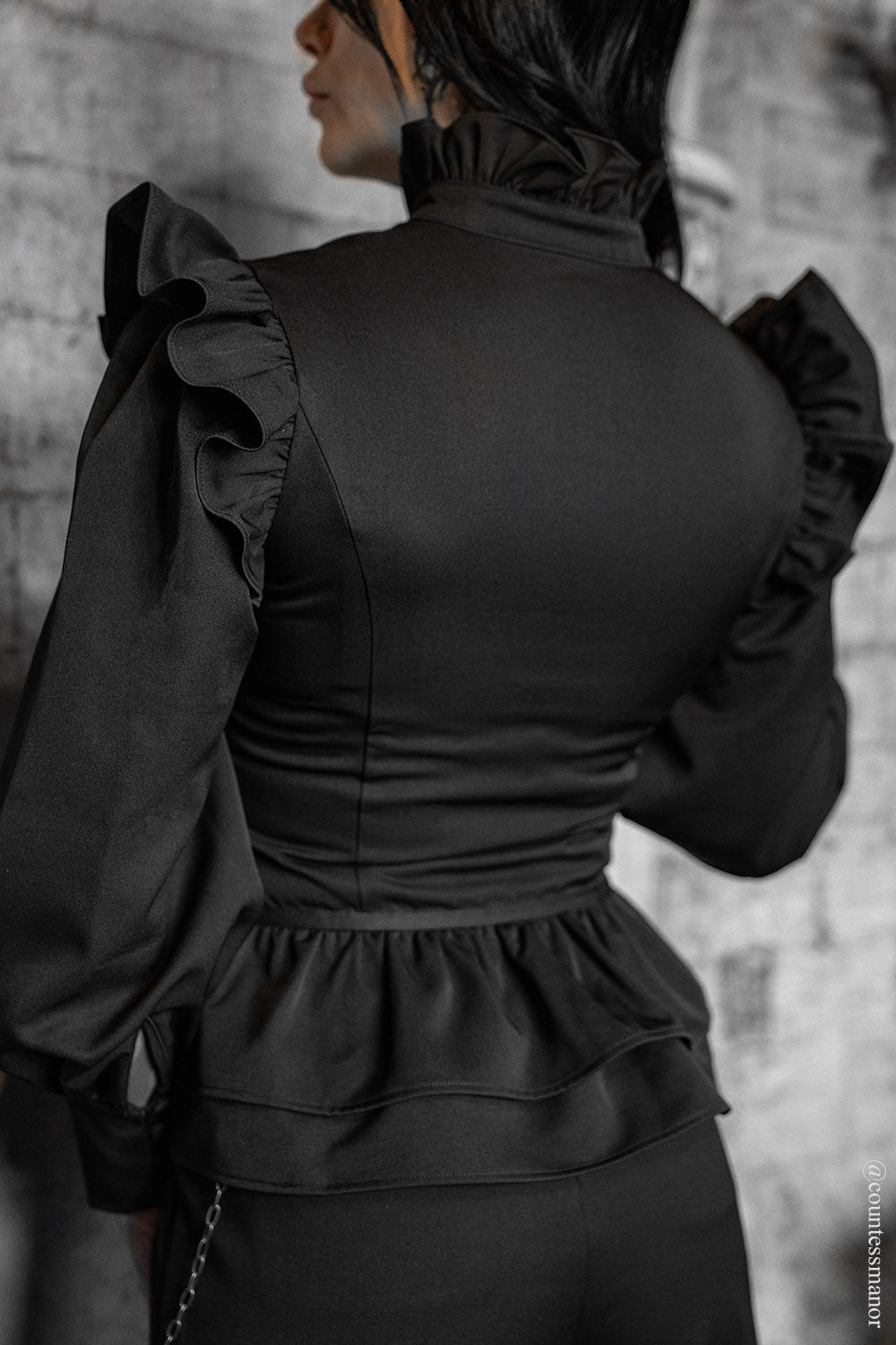 black cotton layered ruffled peplum blouse