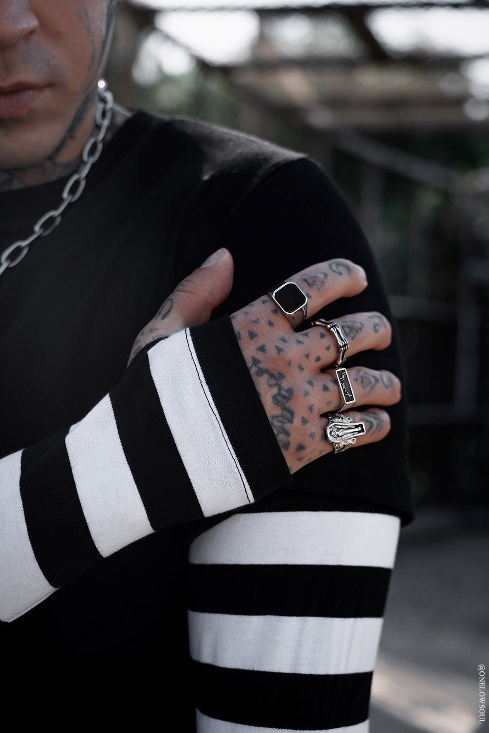 mens gothic layered black and white striped shirt with thumbholes 