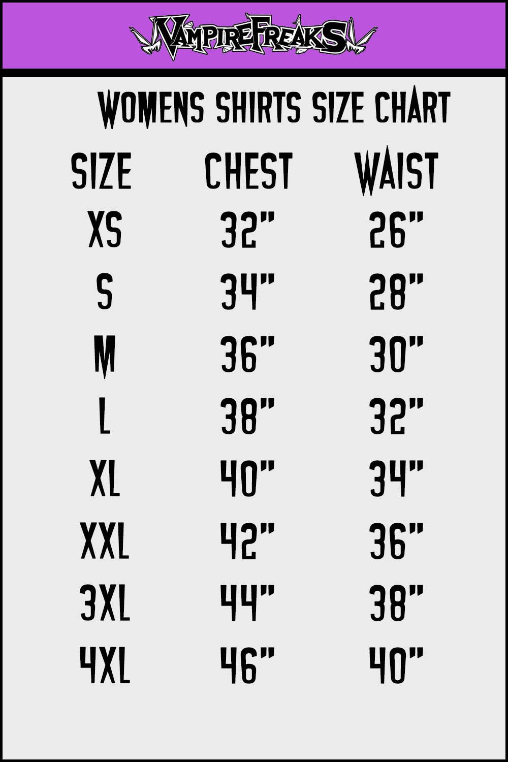 Womens shirts size chart with Vampire Freaks logo at the top
