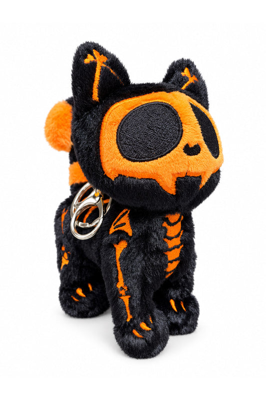 orange and black halloween skeleton cat plushie keychain