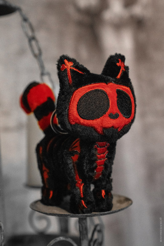 black and red spooky skeleton cat keyring plush