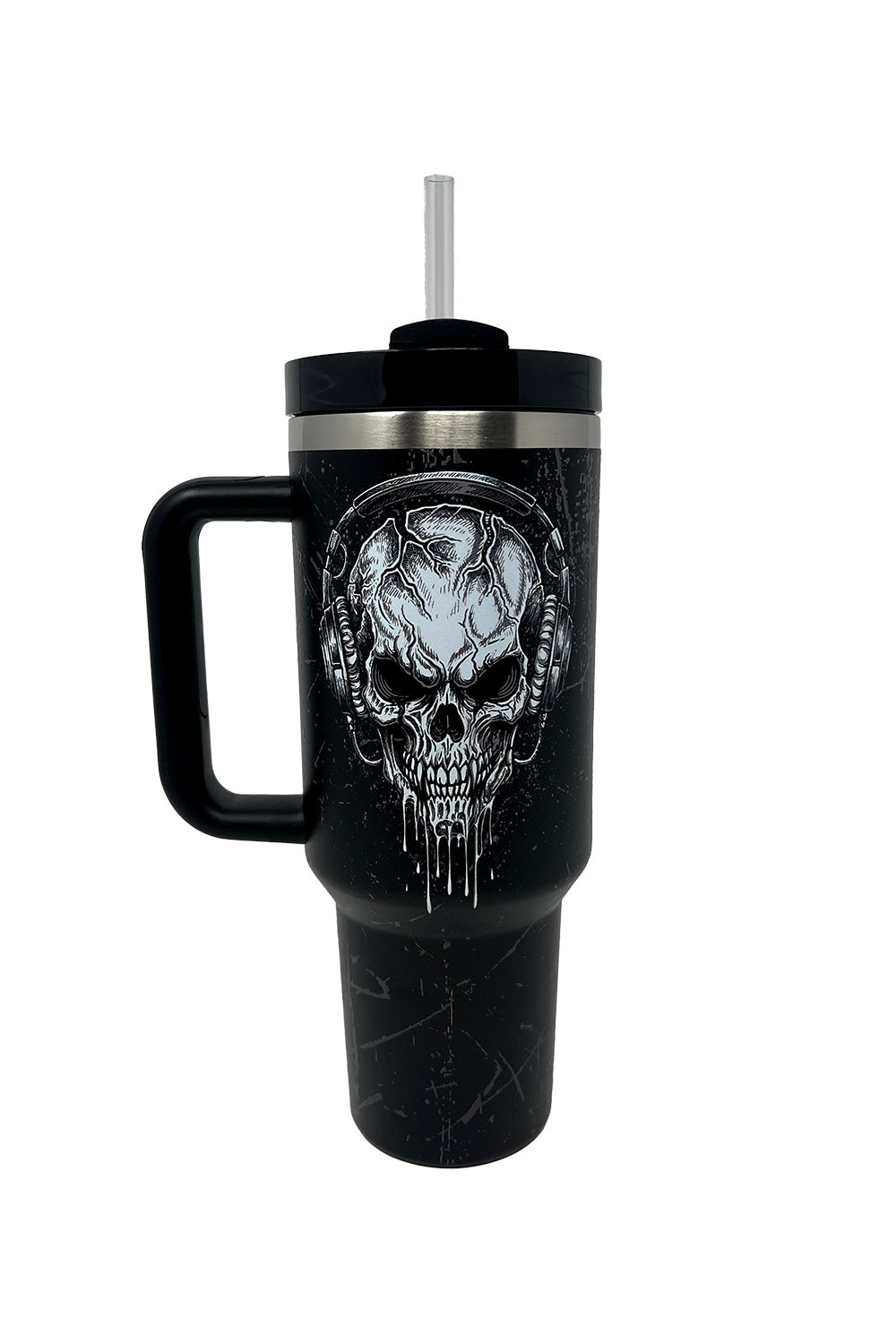 Black travel mug with skull design on a white background