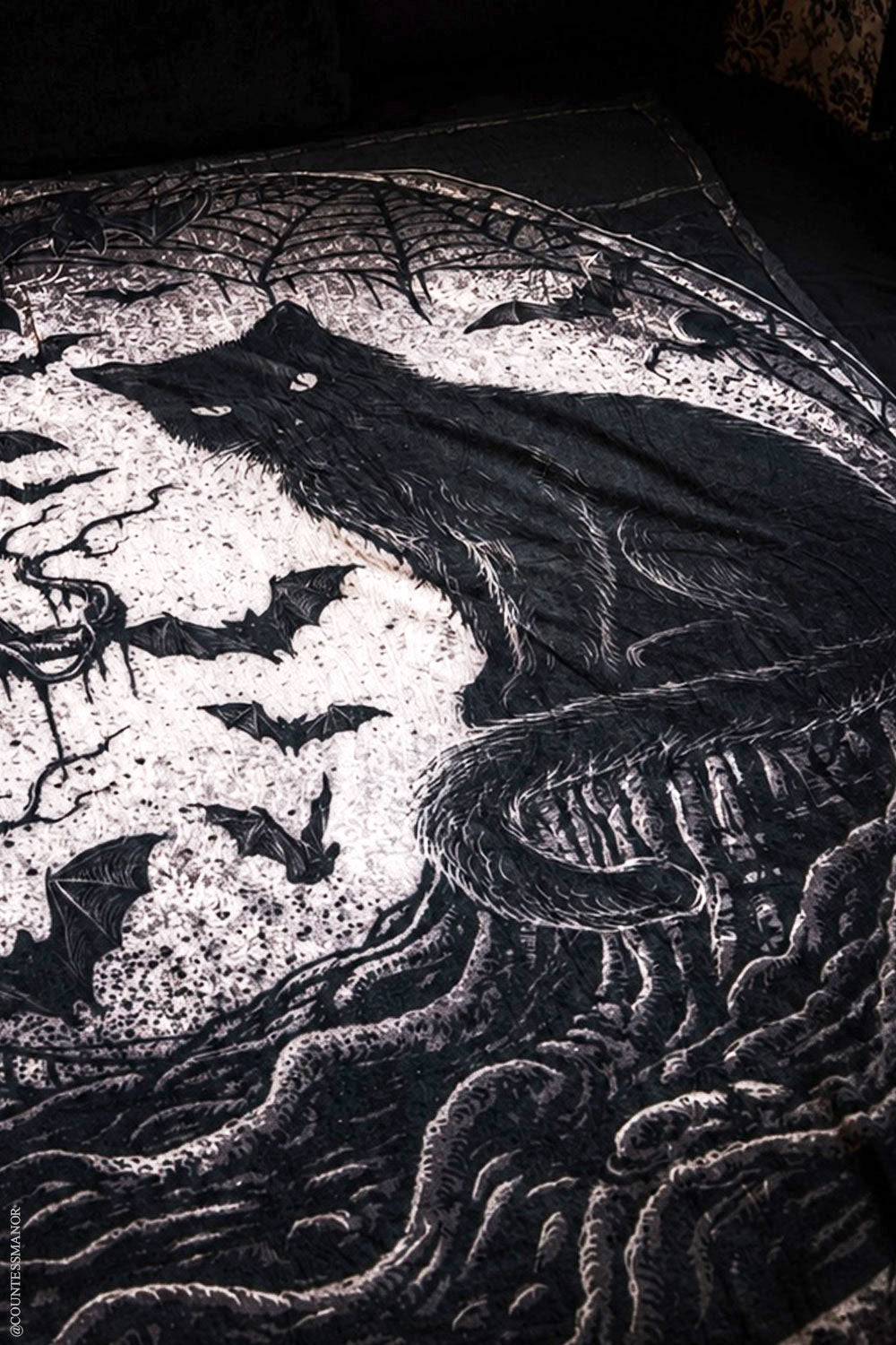 gothic bat cat and nature blanket with designs on both sides 