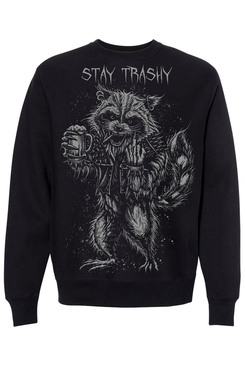 Black sweatshirt with a graphic of a raccoon holding a beer and 'Stay Trashy' text on a white background.