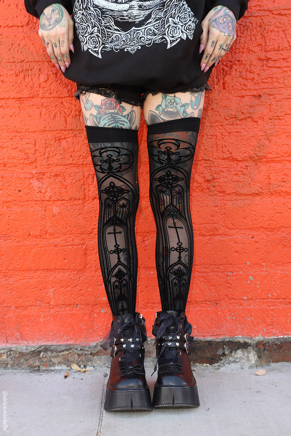 black mesh opaque no-roll down gothic cathedral womens sheer thigh high tights
