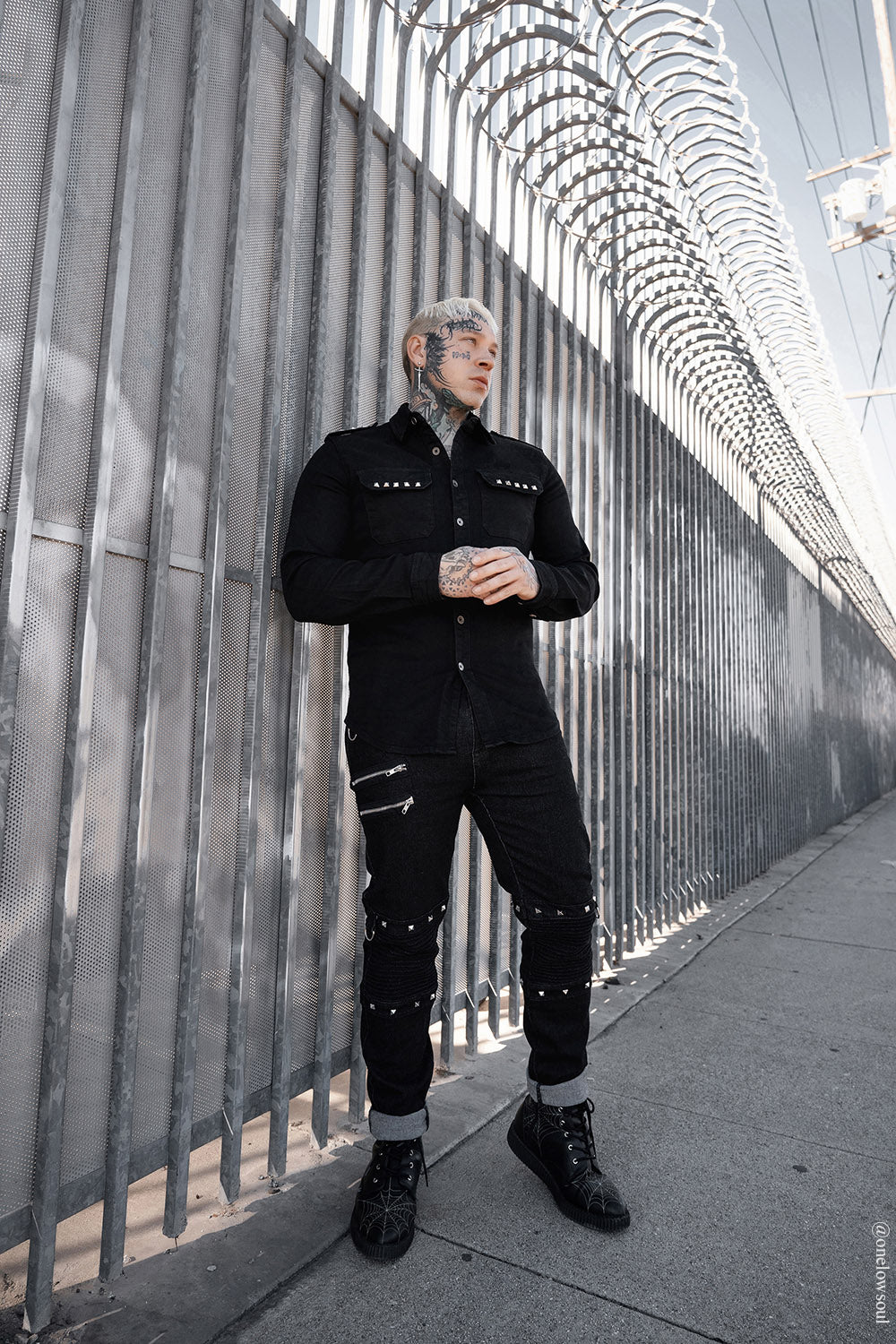 mens black denim gothic shirt with front cargo pockets