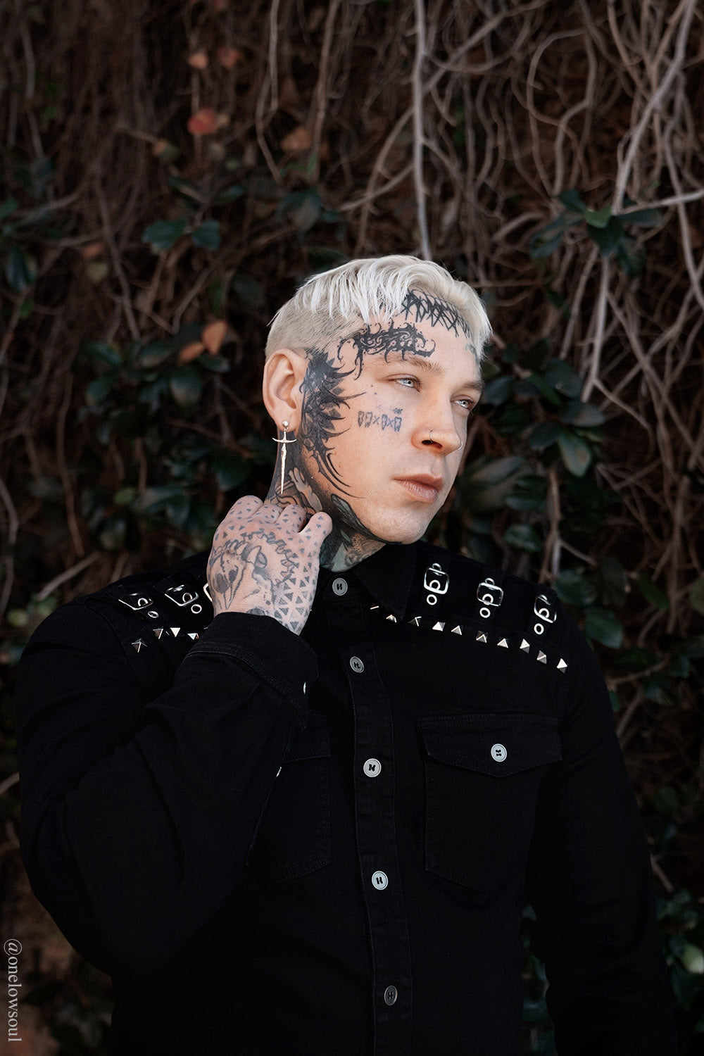 mens pyramid studded long sleeve punk button-down shirt with eyelets and buckles 