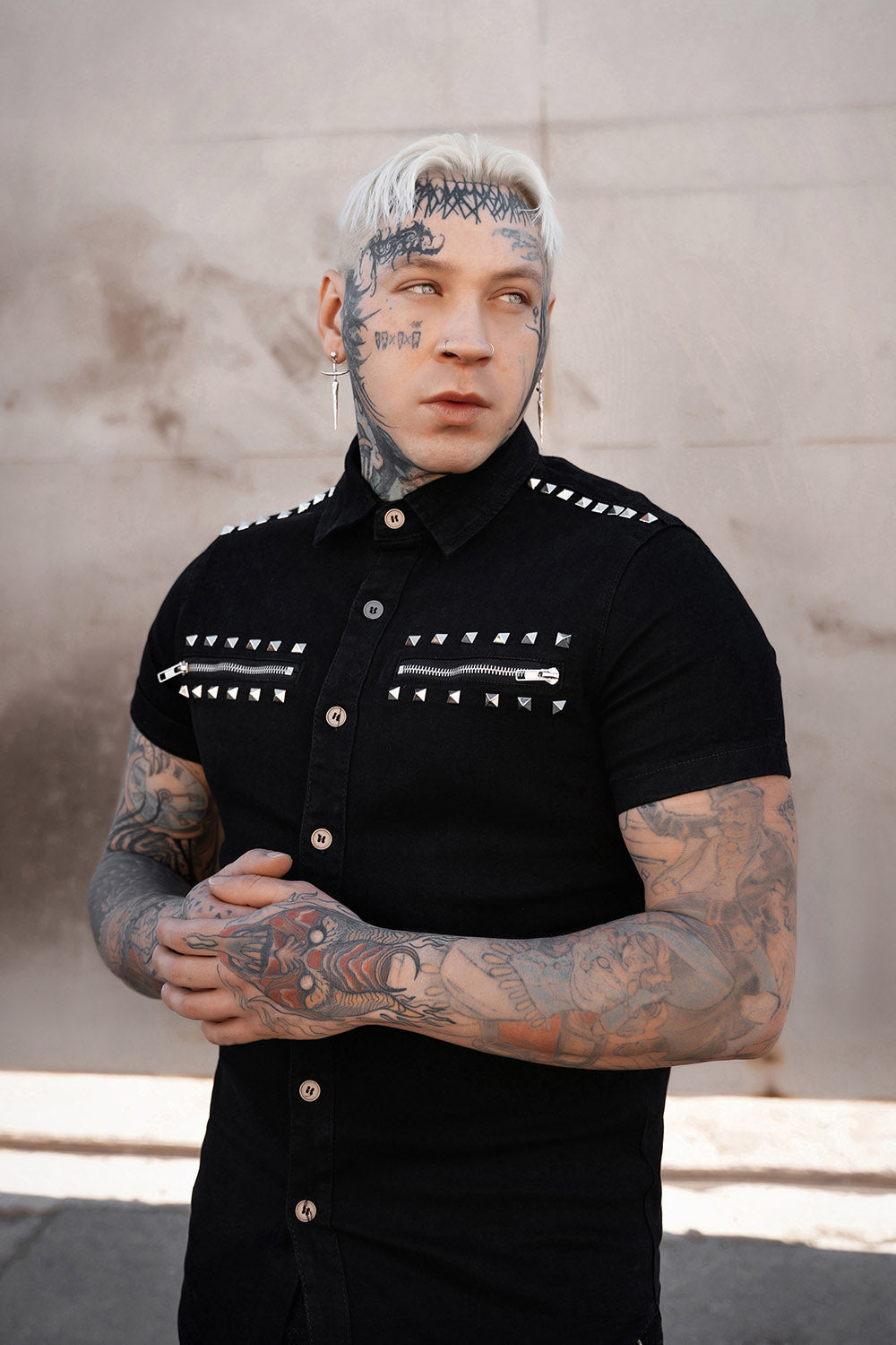 mens plus size denim pyramid studded punk rock shirt